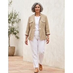 Queenspark Linen Single Button Utility Short Sleeve Tan Beige Pocket Jacket